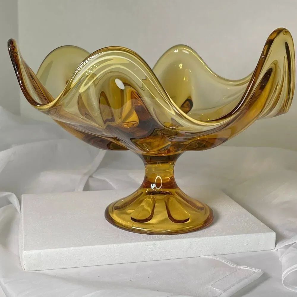 Viking Glass Amber Epic Six Petal Compote Bowl pedestal fruit organic.